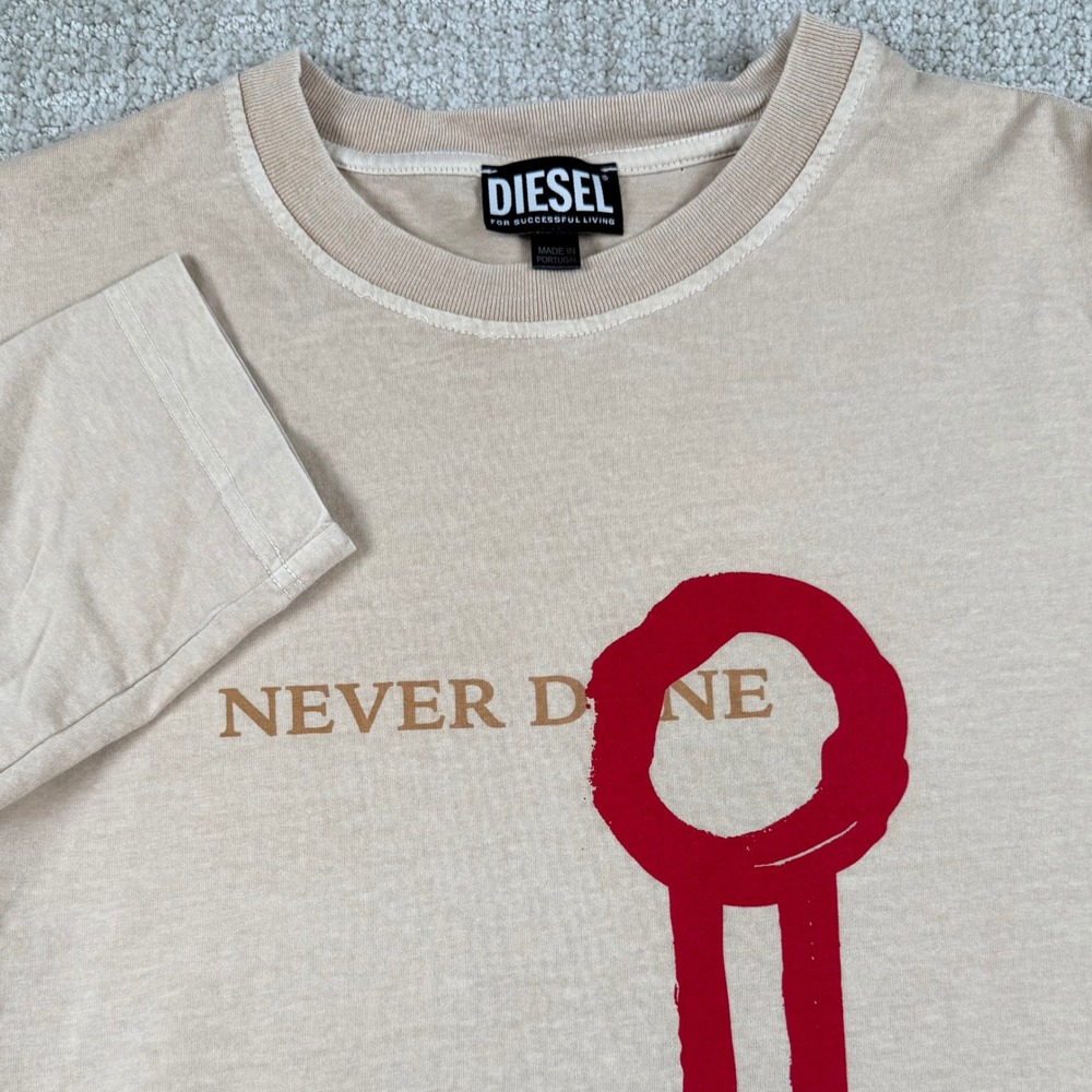 Diesel Mens Medium Beige Graphic Never Done US Tour Long Sleeve Shirt